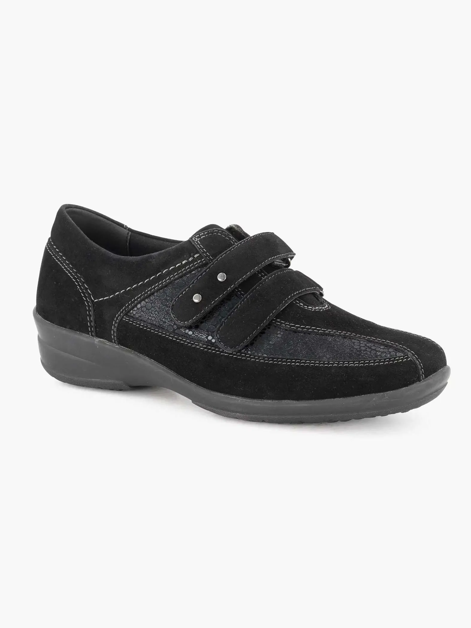 Medicus Zwarte Leren Comfort Instapper Klittenband-Dames Comfort Schoenen