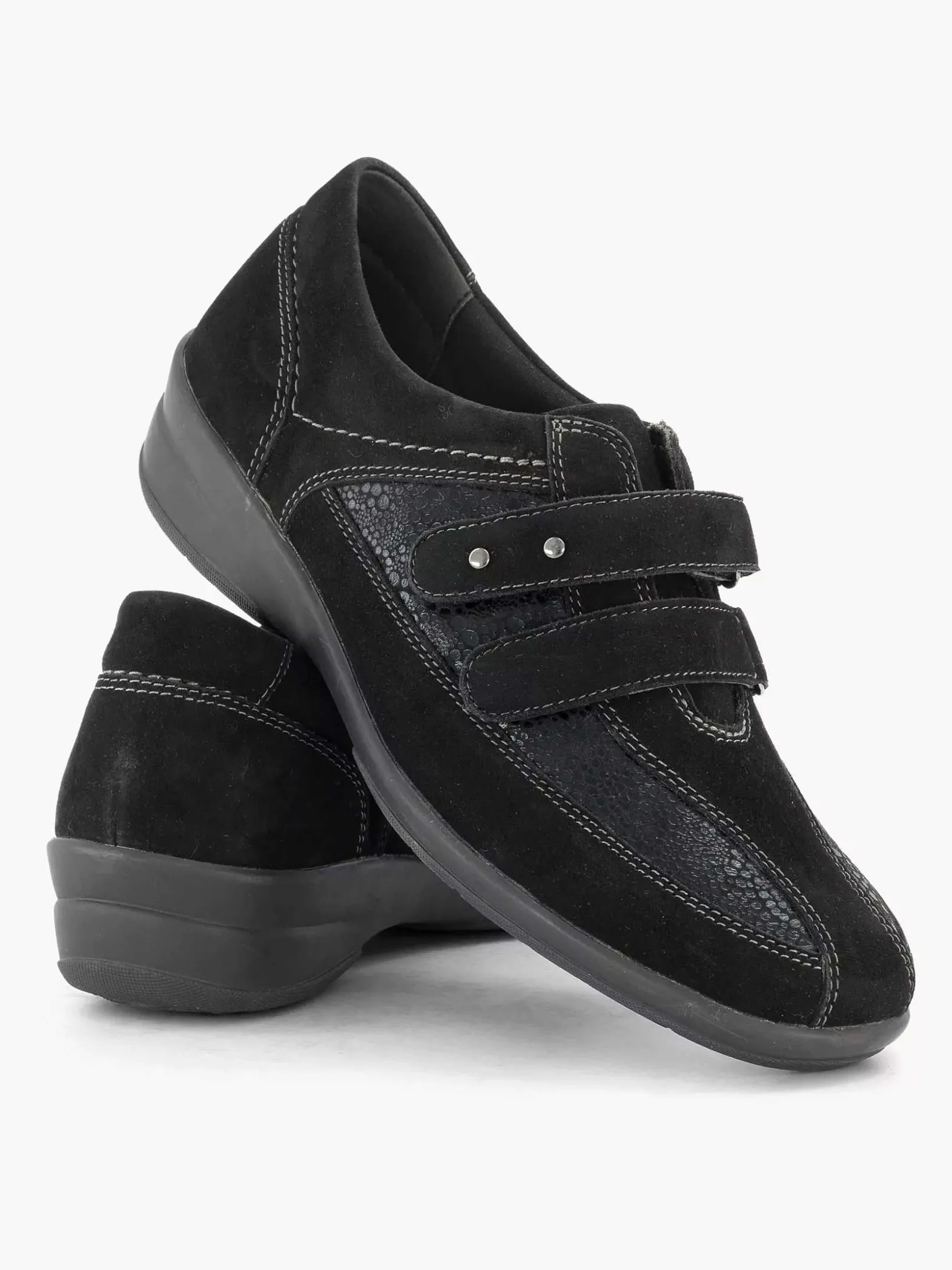 Medicus Zwarte Leren Comfort Instapper Klittenband-Dames Comfort Schoenen