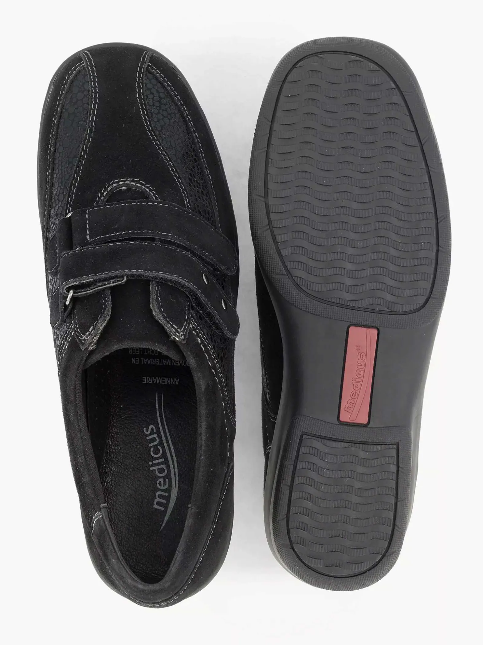 Medicus Zwarte Leren Comfort Instapper Klittenband-Dames Comfort Schoenen